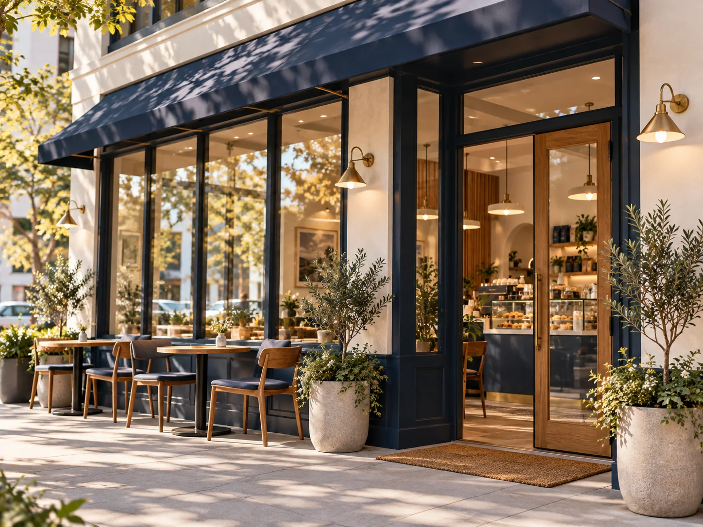 Concept illustration of a navy-blue cafe exterior with a bright, welcoming entrance