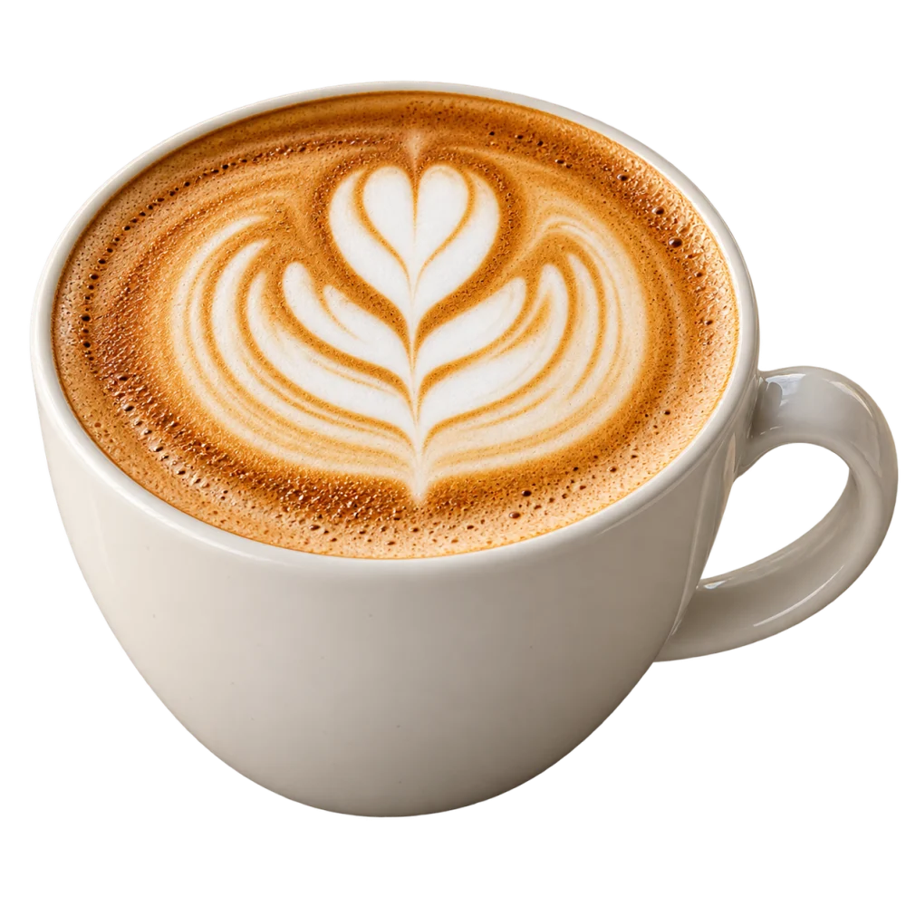 Cappuccino with latte art in a ceramic cup, set on a cafe table